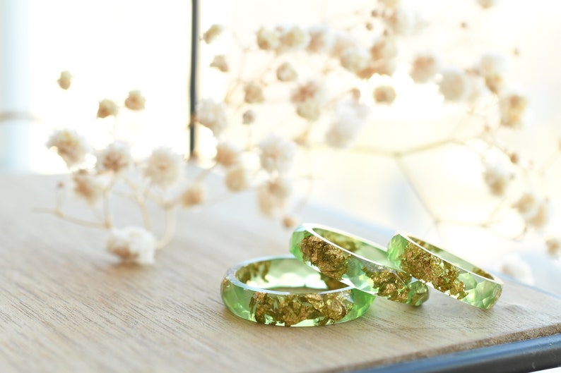 Light Green Faceted Resin Ring with Gold Flakes - Faceted Stacking Band Ring Made of Resin