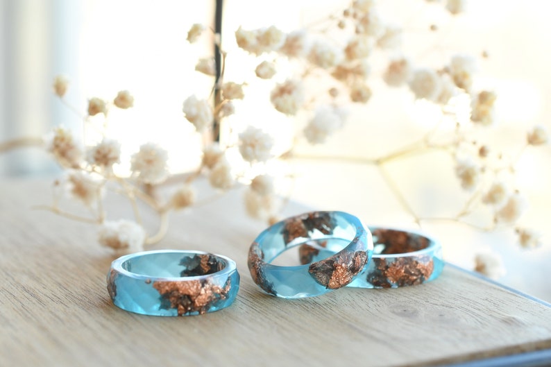 Handcrafted Blue Resin Ring with Rose Gold Leaf – Dainty Stacking & Promise Ring – Unique Alternative Engagement Band