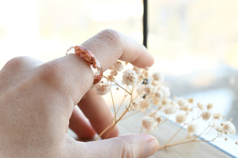 Hypoallergenic Transparent Ring With Rose Gold Leaf - Resin Stacking Ring - Resin Jewelry