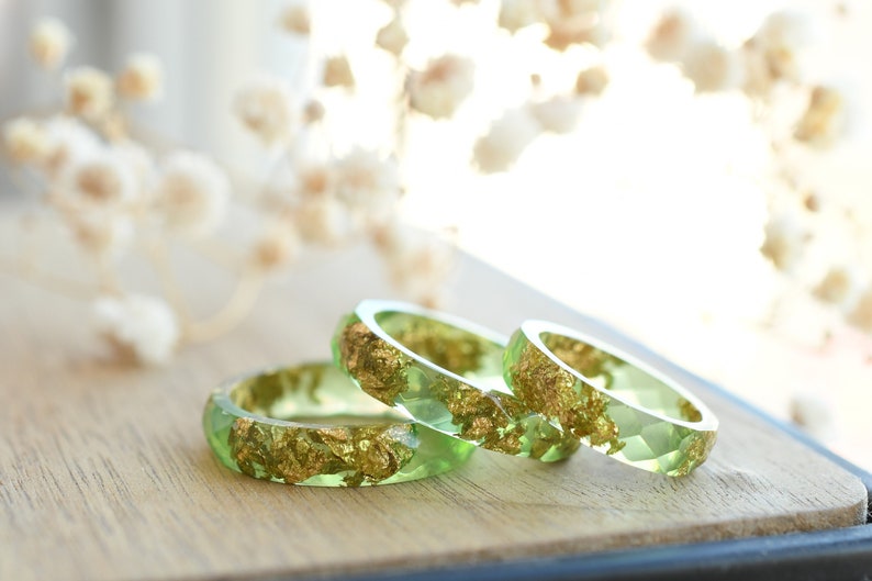 Light Green Faceted Resin Ring with Gold Flakes - Faceted Stacking Band Ring Made of Resin