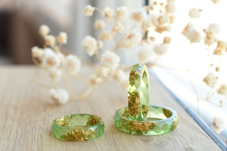 Light Green Faceted Resin Ring with Gold Flakes - Faceted Stacking Band Ring Made of Resin