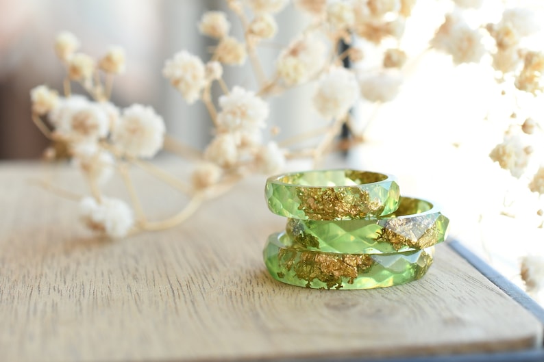 Light Green Faceted Resin Ring with Gold Flakes - Faceted Stacking Band Ring Made of Resin
