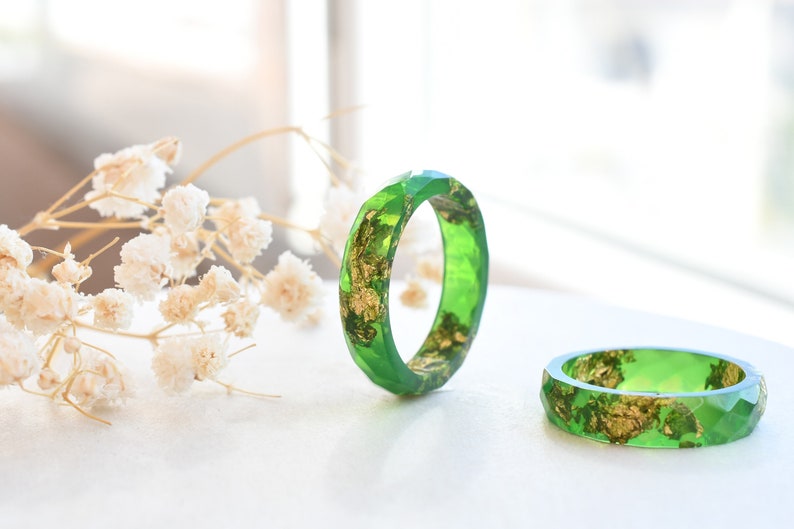 Radiant Green Resin Ring with Gold Flakes - Handmade Promise Ring