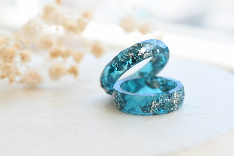 Teal Faceted Resin Ring With Silver Flakes - Stacking Ring - Unconventional Engagement Ring - Resin Jewelry