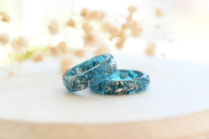 Teal Faceted Resin Ring With Silver Flakes - Stacking Ring - Unconventional Engagement Ring - Resin Jewelry