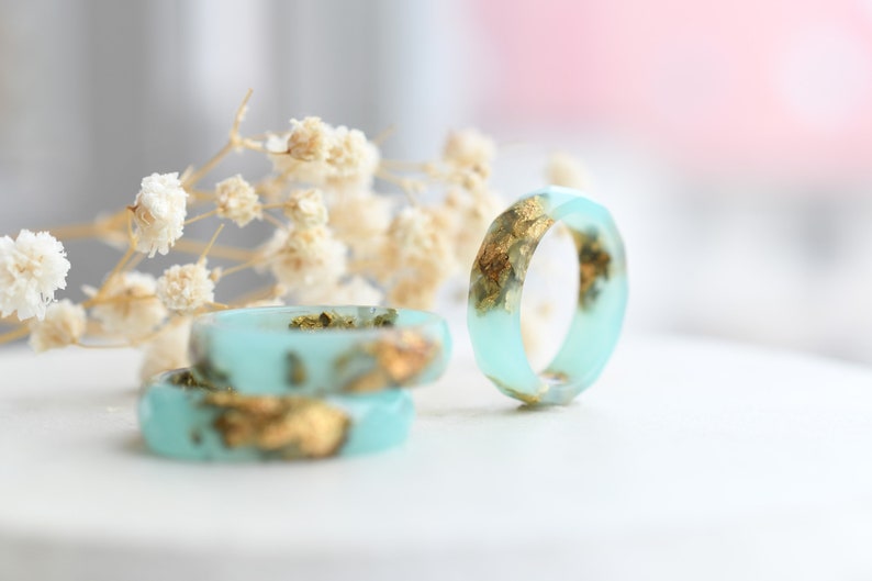Turquoise Faceted Resin Ring With Gold Flakes - Purity Rings For Women - Faceted Ring - Resin Jewelry