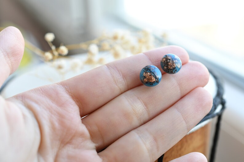 Blue Stud Earrings with Copper Flakes - Surgical Steel Post Earrings - Resin Jewelry