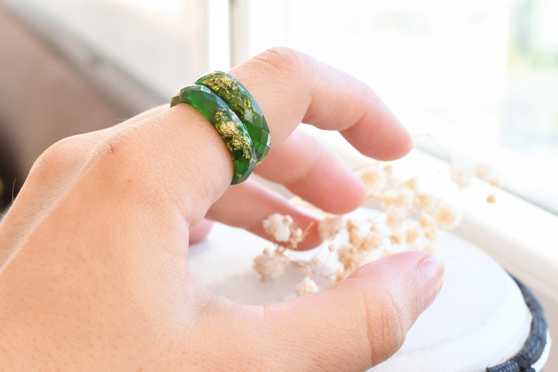Radiant Green Resin Ring with Gold Flakes - Handmade Promise Ring
