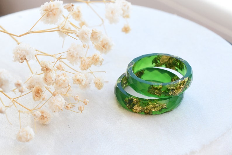 Radiant Green Resin Ring with Gold Flakes - Handmade Promise Ring