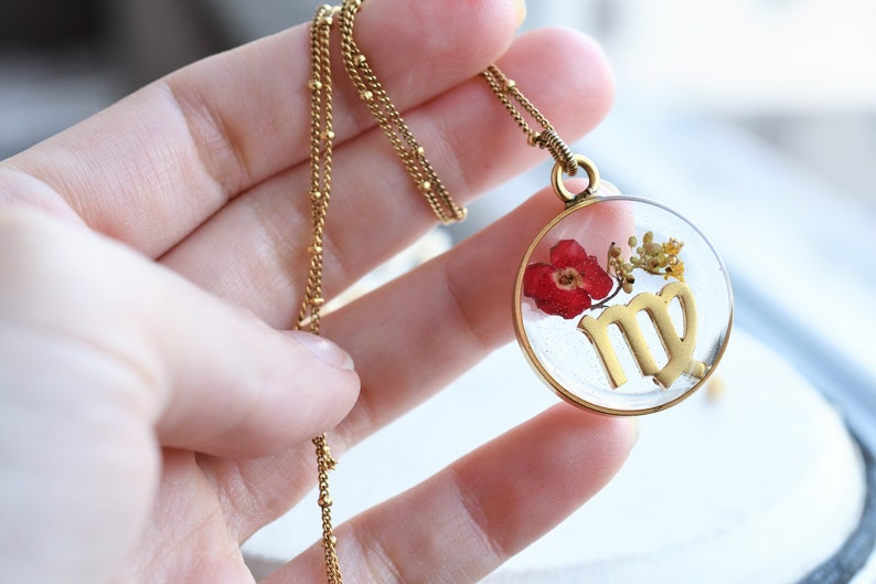 Virgo Zodiac Necklace - Wildflower Terrarium Necklace - Real Flower Resin Jewelry