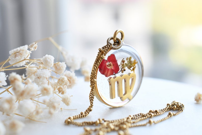 Virgo Zodiac Necklace - Wildflower Terrarium Necklace - Real Flower Resin Jewelry