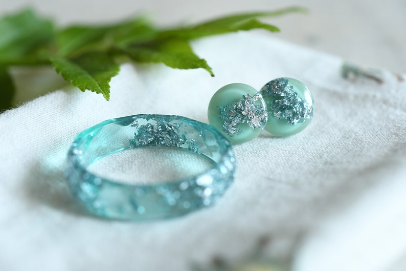 Aquamarine Jewelry Set - Resin Ring Stud Earrings with Silver Flakes - Surgical Steel Post Earrings