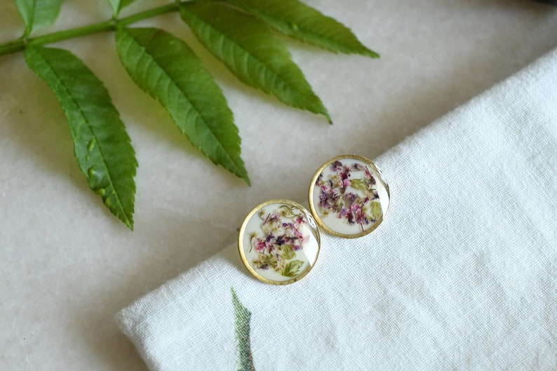 Crushed Flowers Stud Earrings - Surgical Steel Post Earrings - Dried Flowers Earrings - Real Flower Jewelry