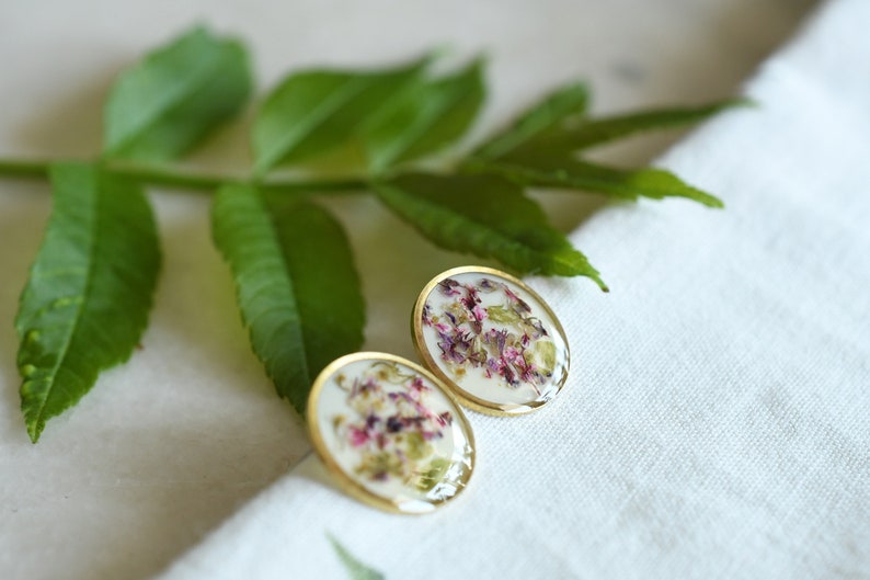 Crushed Flowers Stud Earrings - Surgical Steel Post Earrings - Dried Flowers Earrings - Real Flower Jewelry
