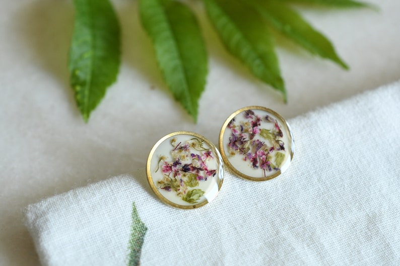 Crushed Flowers Stud Earrings - Surgical Steel Post Earrings - Dried Flowers Earrings - Real Flower Jewelry