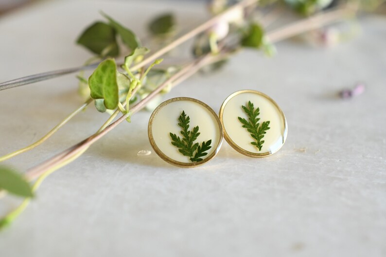 Green Leaf Stud Earrings - Surgical Steel Post Earrings - Dried Flowers Earrings - Real Flower Jewelry