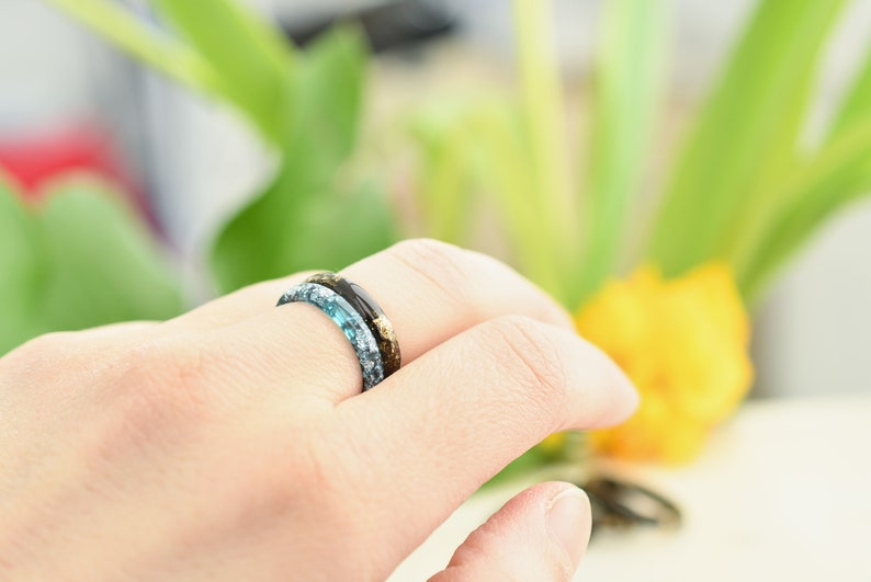 Smooth Black Resin Ring With Gold Flakes - Unisex Band Ring