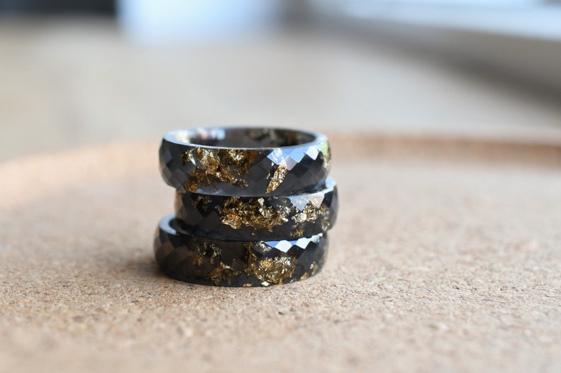 Black Ring With Gold Leaf - Alternative Black Resin Ring - Faceted Men's Ring