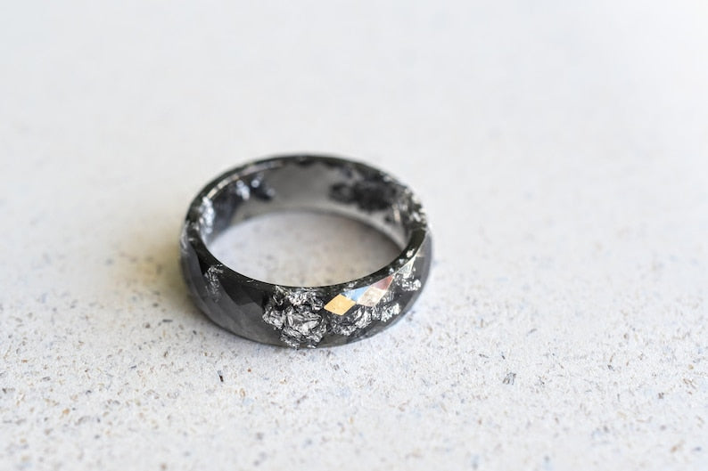 Black Faceted Resin Ring With Silver Leaf - Alternative Engagement Ring - Mens Ring