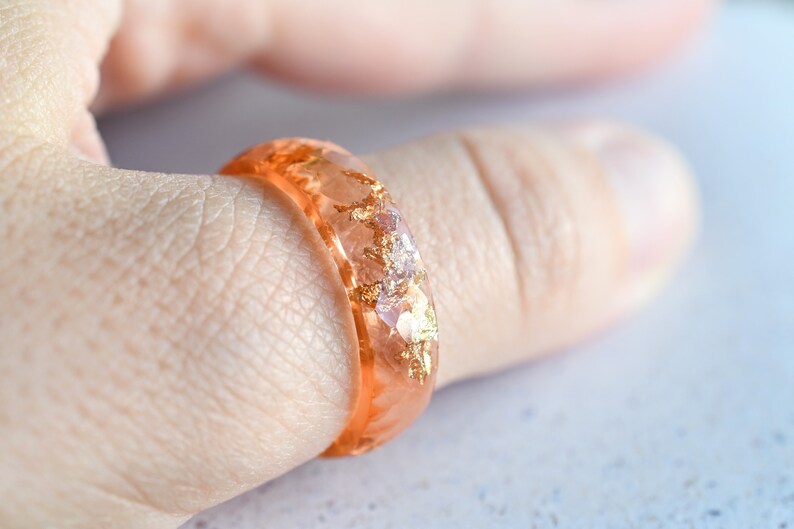 Peach Faceted Resin Ring with Gold Flakes - Faceted Band Ring - Resin Stacking Ring - Minimal Resin Jewelry