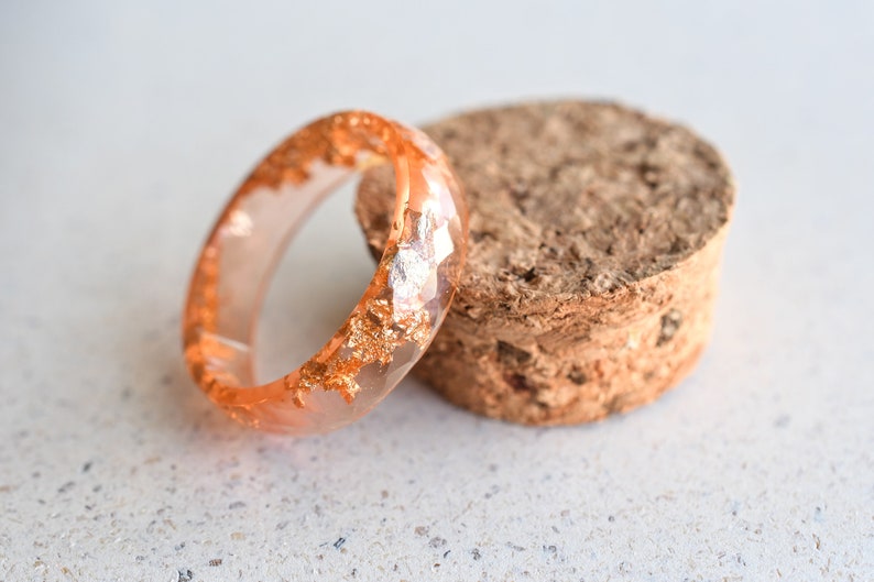 Peach Faceted Resin Ring with Gold Flakes - Faceted Band Ring - Resin Stacking Ring - Minimal Resin Jewelry