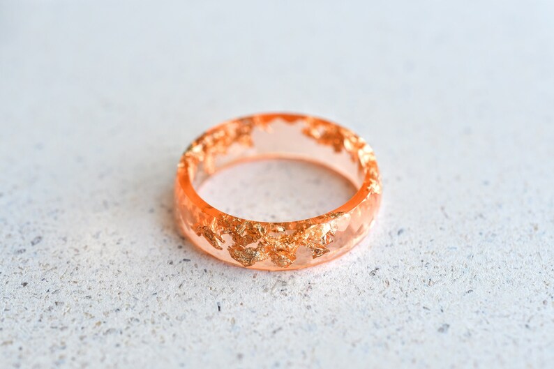Peach Faceted Resin Ring with Gold Flakes - Faceted Band Ring - Resin Stacking Ring - Minimal Resin Jewelry