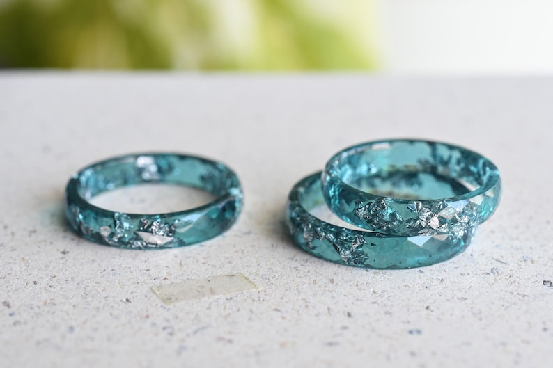 Teal Faceted Resin Ring With Silver Flakes - Thin Stacking Ring - Unconventional Engagement Ring - Resin Jewelry