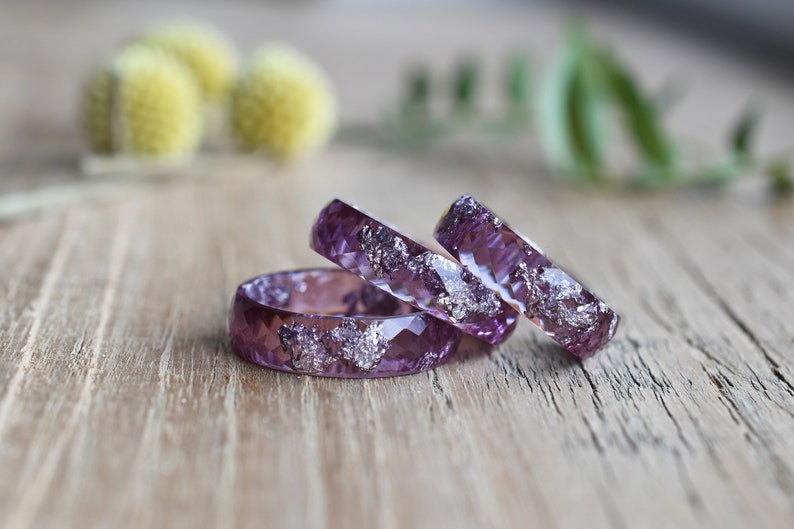 Plum Resin Ring With Silver Leaf - Promise Ring for Her - Unique Wedding Bands