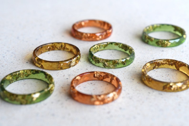 Rust Skinny Rings Set With Gold Leaf - Thin Faceted Resin Ring - Unconventional Stacking Ring