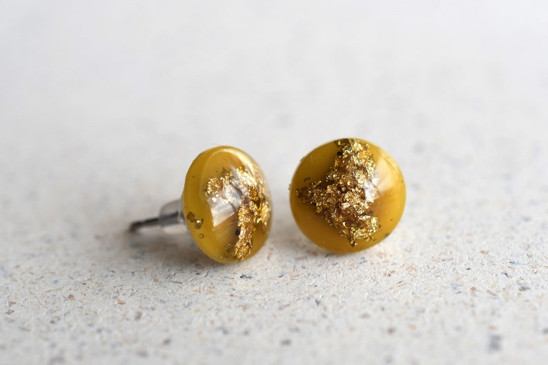 Handmade Amber Resin Stud Earrings with Gold Leaf | Surgical Steel Post Earrings | Resin Jewelry