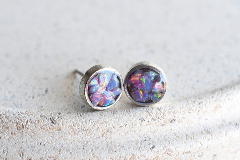 Shimmering Opal Stud Earrings - Antiqued Silver Post Earrings - Epoxy Resin Jewelry