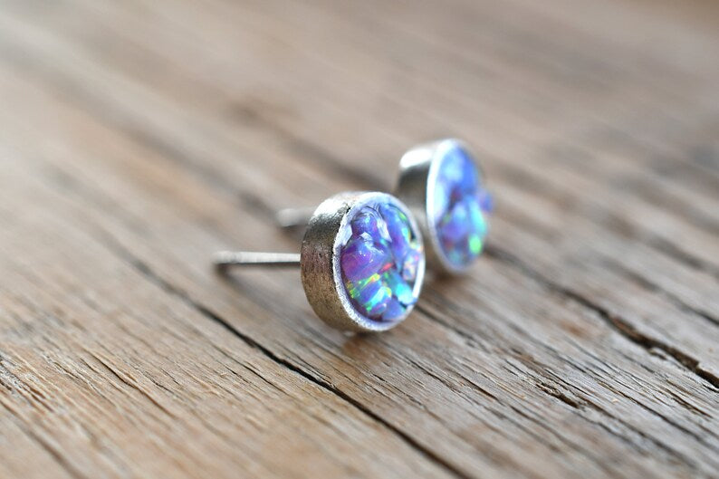 Shimmering Opal Stud Earrings - Antiqued Silver Post Earrings - Epoxy Resin Jewelry