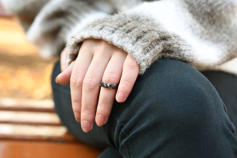 Black Faceted Resin Ring With Silver Leaf - Alternative Engagement Ring - Mens Ring