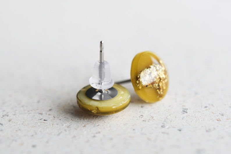 Handmade Amber Resin Stud Earrings with Gold Leaf | Surgical Steel Post Earrings | Resin Jewelry