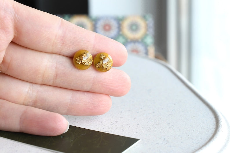 Handmade Amber Resin Stud Earrings with Gold Leaf | Surgical Steel Post Earrings | Resin Jewelry
