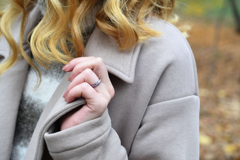 Thin Amethyst Color Faceted Resin Ring With Silver Flakes - Unisex Band Ring