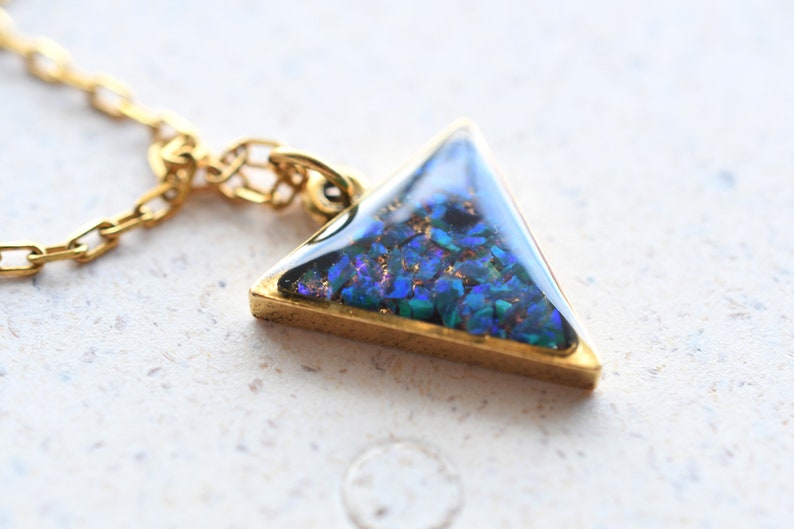 Dainty Peacock Blue Opal Necklace- Crushed Opal Gold Plated Pendant - Resin Jewelry