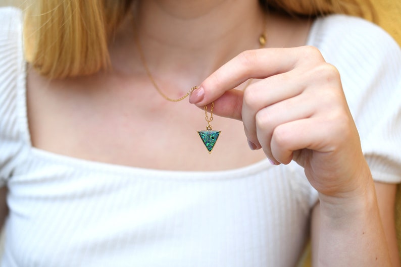 Dainty Peacock Blue Opal Necklace- Crushed Opal Gold Plated Pendant - Resin Jewelry