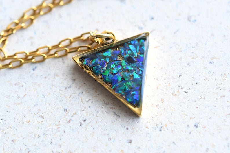 Dainty Peacock Blue Opal Necklace- Crushed Opal Gold Plated Pendant - Resin Jewelry