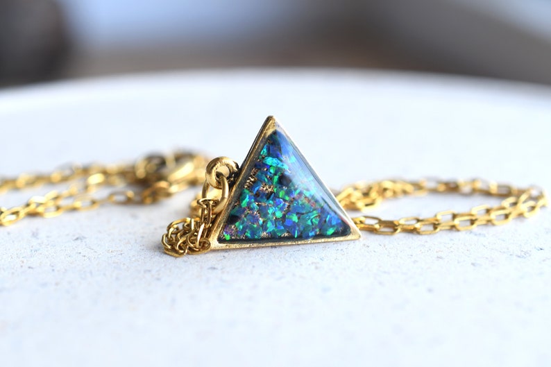 Dainty Peacock Blue Opal Necklace- Crushed Opal Gold Plated Pendant - Resin Jewelry