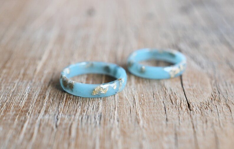 Elegant Thin Mint Resin Ring with Gold Leaf: Unisex Faceted Band for Weddings, Engagements, and Everyday Wear