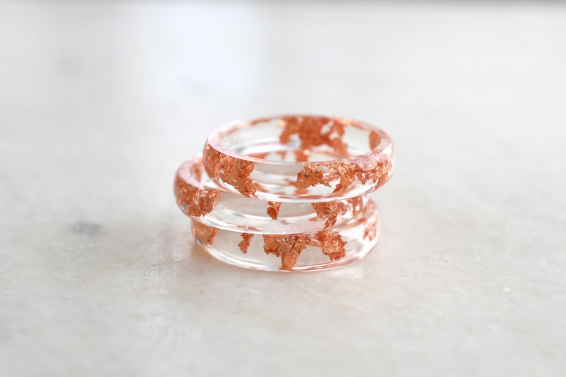 Smooth Transparent Resin Ring with Rose Gold Leaf - Minimalist Ring for Her - Handmade Resin Jewelry