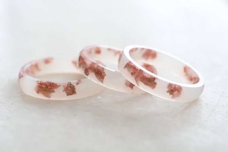 Off White Faceted Ring Band with Rose Gold Leaf - Minimalist Resin Jewelry - Unique Promise Ring for Her