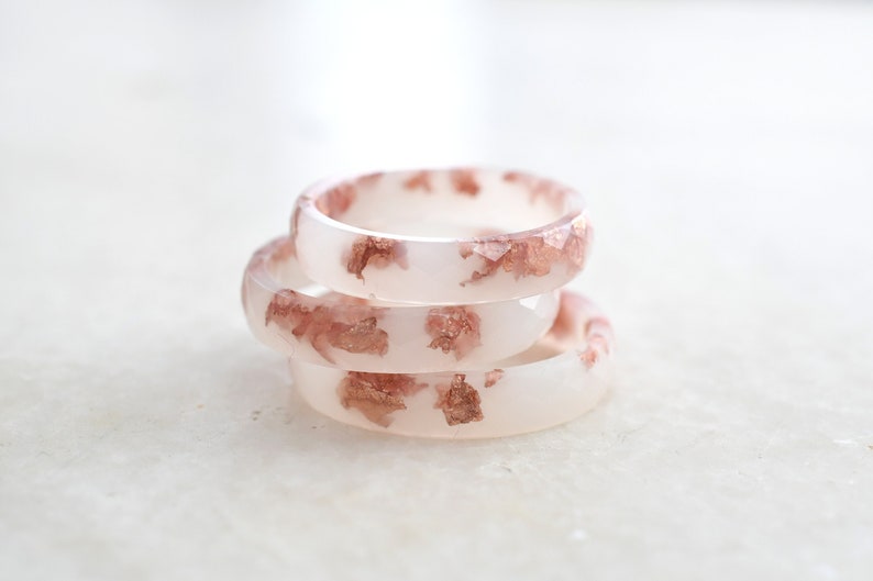 Off White Faceted Ring Band with Rose Gold Leaf - Minimalist Resin Jewelry - Unique Promise Ring for Her