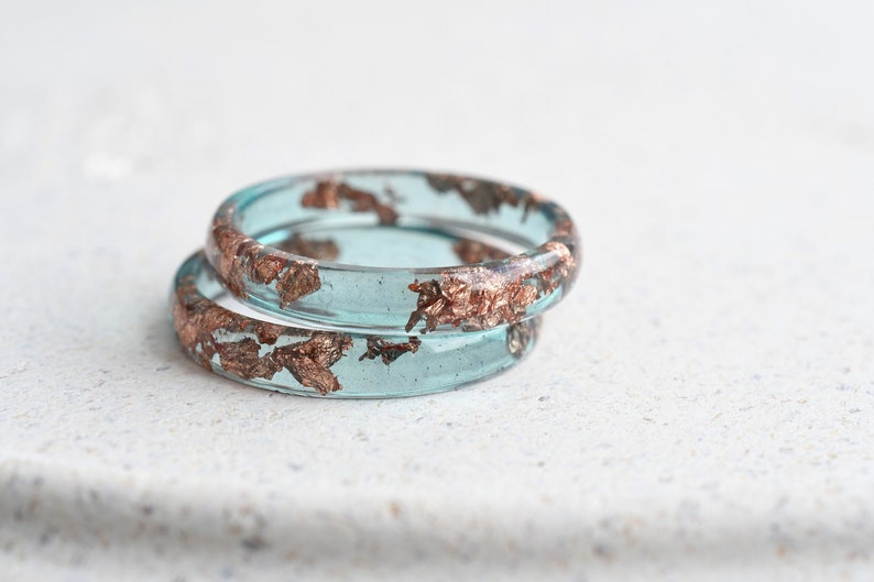 Ocean Blue Rose Gold Leaf Resin Ring - Smooth Stacking Ring - Thin Minimalist Ring
