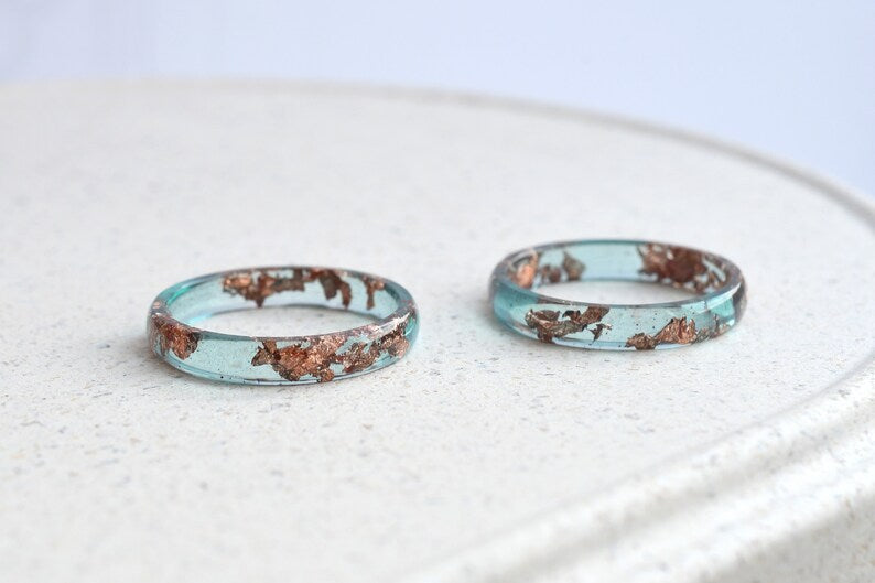 Ocean Blue Rose Gold Leaf Resin Ring - Smooth Stacking Ring - Thin Minimalist Ring