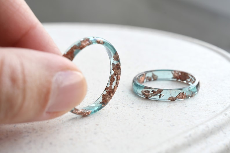 Ocean Blue Rose Gold Leaf Resin Ring - Smooth Stacking Ring - Thin Minimalist Ring