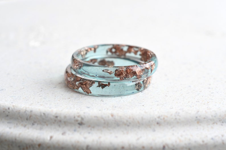 Ocean Blue Rose Gold Leaf Resin Ring - Smooth Stacking Ring - Thin Minimalist Ring