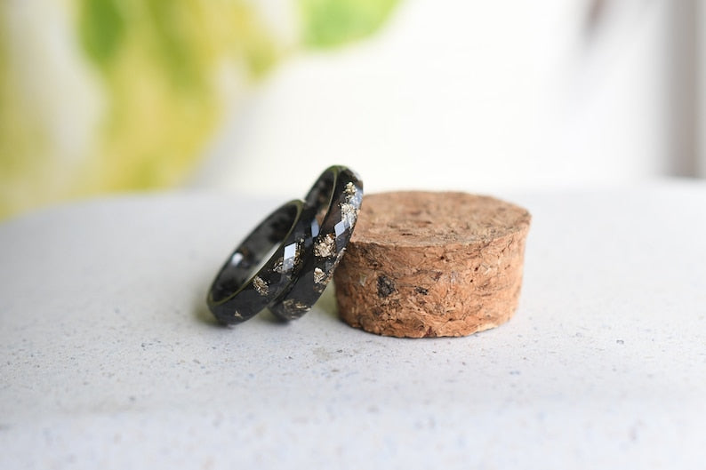 Black Resin Ring with Gold Leaf – Thin Unisex Band for Everyday Wear, Unique Engagement or Wedding Ring, Lightweight and Hypoallergenic