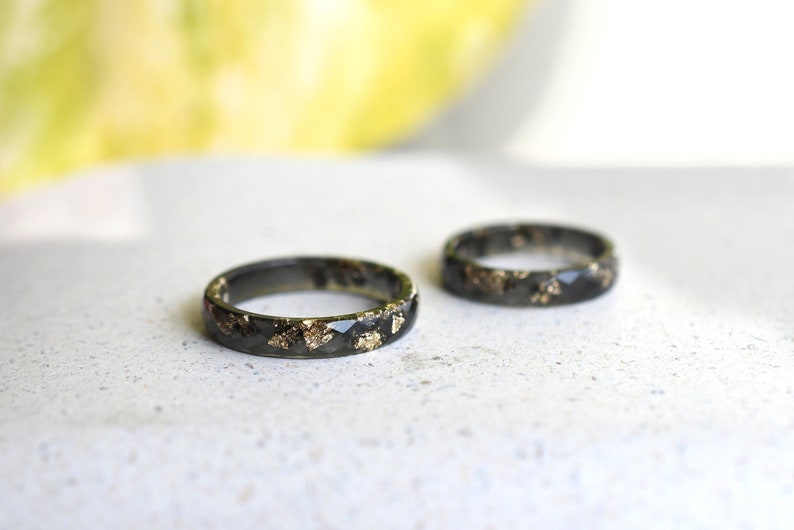 Black Resin Ring with Gold Leaf – Thin Unisex Band for Everyday Wear, Unique Engagement or Wedding Ring, Lightweight and Hypoallergenic